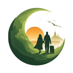 An illustration of a couple of travelers walking hand in hand with a suitcase through a green natural landscape, facing a sunset over the sea and a castle silhouette on the horizon.