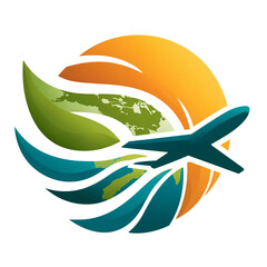 An abstract travel logo with a silhouetted airplane background and a stylized globe and colored curved waves on a transparent background.