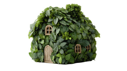 A fairy-tale house completely covered with green leaves and vines, with a wooden door and windows, isolated on a transparent background.