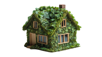 A fairy-tale house completely covered with green leaves and vines, with a wooden door and windows, isolated on a transparent background.