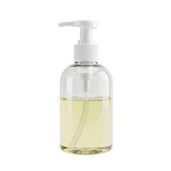 Clear pump bottle with yellow liquid soap isolated on transparent background