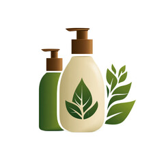 Illustration of two cosmetic dispensers in green and beige colors with a leaf and a branch of leaves in the background, isolated on a transparent background.