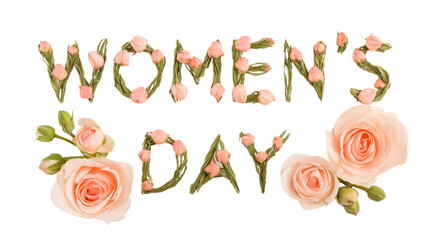 The "Women's Day" inscription, made of green stems and delicate pink buds, with large cream-pink roses on the edges, is isolated on a transparent background.
