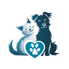 A logo with dog and cat silhouettes, made in the form of smooth color gradients in orange and blue tones, isolated on a transparent background.