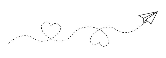 Paper airplane with dashed heart line flight path