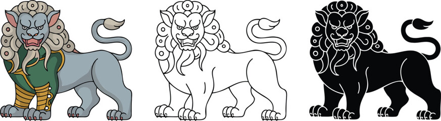 Fototapeta premium Traditional guardian lion silhouette & Outline and illustration set isolated on transparent background