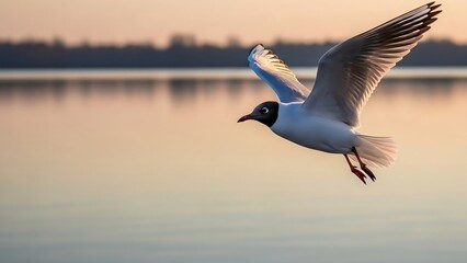 Seagull flying over calm water body.