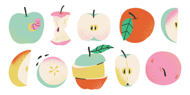 Hand drawn bold y2k apple fruit vector set. Whole, half, slice of red green and yellow apple fruit with green leaves collection.