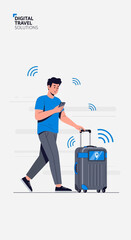 Fototapeta premium Modern Traveler Navigating With Digital Solutions And Smart Luggage