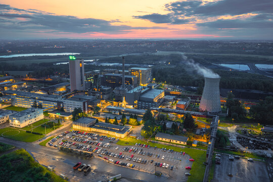 Aerial view of the CSM Sever black coal mine in Stonava, owned by OKD, in the morning, featuring iconic mine infrastructure.