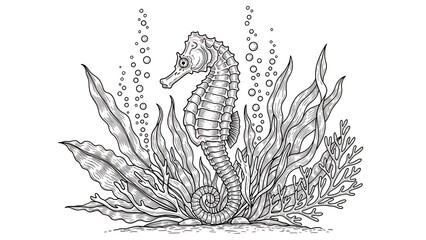 Seahorse swimming in ocean seaweed underwater.