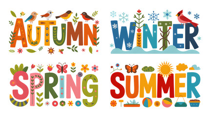 A colorful illustration of the four seasons with vibrant typography and whimsical designs