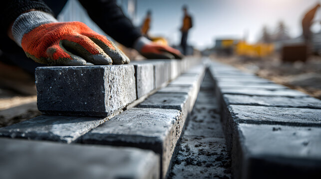 Construction Worker Installing Concrete Paving Stones on Road, Close-Up Industrial Background

