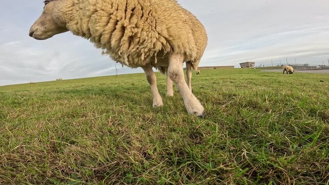 Sheep on the meadow coming close and kissing the camera
