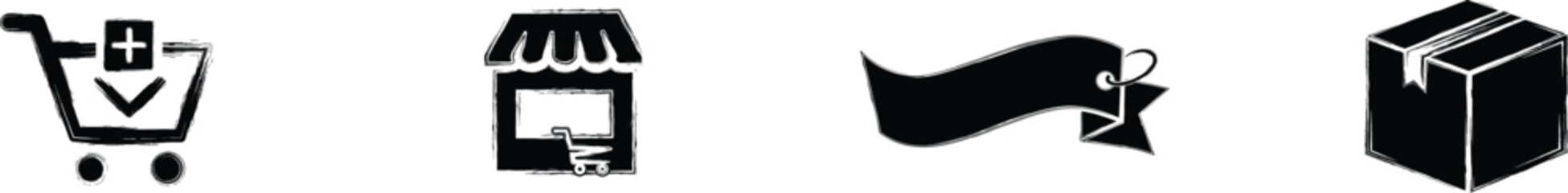 Add to Cart Button, Online Store Front, Price Tag Ribbon and Delivery Box Ecommerce Icon Set