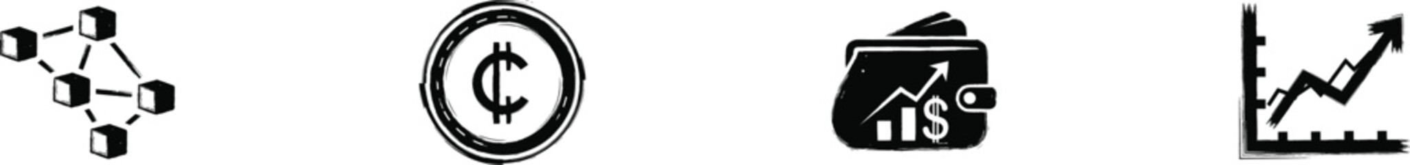 Blockchain Network, Cryptocurrency Coin, Online Store Front and Stock Market Graph Icon Set for Finance and Ecommerce Concept