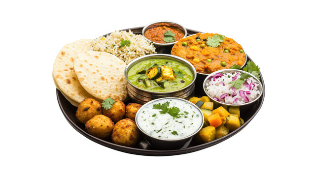 Indian thali assortment of dishes and snacks served in tray