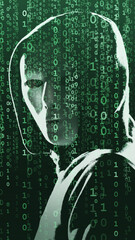 Anonymous computer hacker over abstract digital background. Obscured dark face in mask and hood. Data thief, internet attack, darknet fraud, dangerous viruses and cyber security.