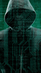 Computer hacker in mask and hoodie over abstract binary background. Obscured dark face. Data thief, internet fraud, darknet and cyber security.