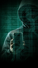 Anonymous computer hacker with a smartphone over abstract digital background. Obscured dark face in mask and hood. Data thief, internet attack, darknet fraud, dangerous viruses and cyber security.