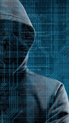 Anonymous computer hacker over abstract digital background. Obscured dark face in mask and hood. Data thief, internet attack, darknet fraud, dangerous viruses and cyber security.