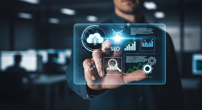 SaaS Startup SEO Growth Strategy and Software Analytics Optimization Concept with Man Hand Touching Digital Icons on Dark Background