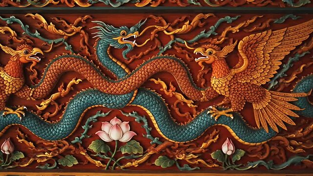 Ornate wood carving depicting mythical bird and serpentine creature amid floral elements