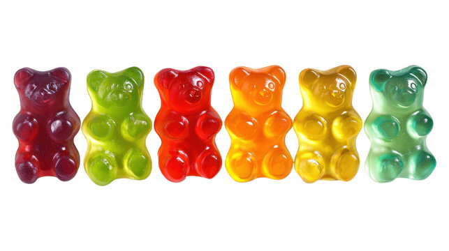 Line of gummy bears different color on transparent background as assorted candies