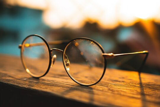Vintage round glasses on wooden surface at sunset