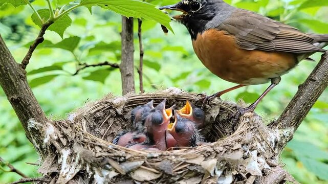 American Robin feeding its young in a nest.