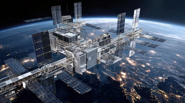 Massive complex orbital data center station equipped with advanced solar panel arrays above planet