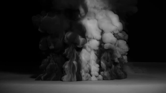 Dramatic black and white smoke explosion rising from the ground. Visual representation of chaos, destruction, and special effects for cinematic projects