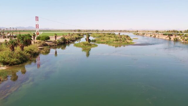Aerial view of Colorado River and pipeline bridge