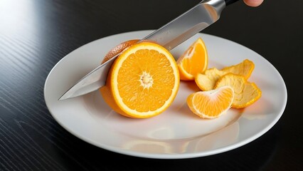 Sliced oranges on white plate being cut.