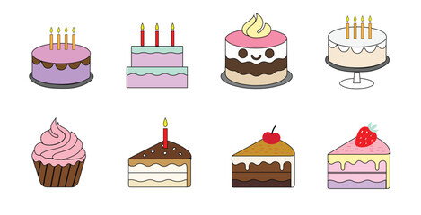 Cartoon Cake Icons Pack Colorful Bakery and Birthday Vector Clipart