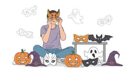 Fototapeta premium Person Adjusting Halloween Mask Surrounded By Decorations and Festive Props