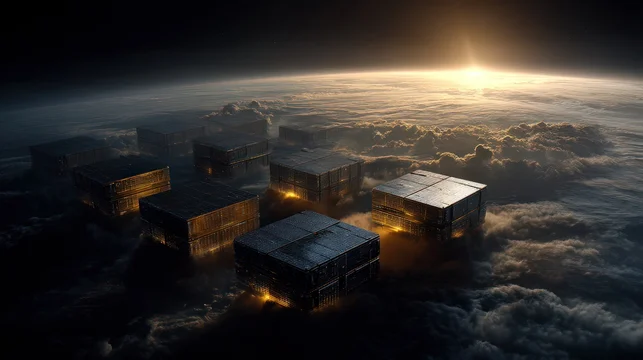 Multiple module orbital data center cluster floating above Earth clouds at sunset horizon