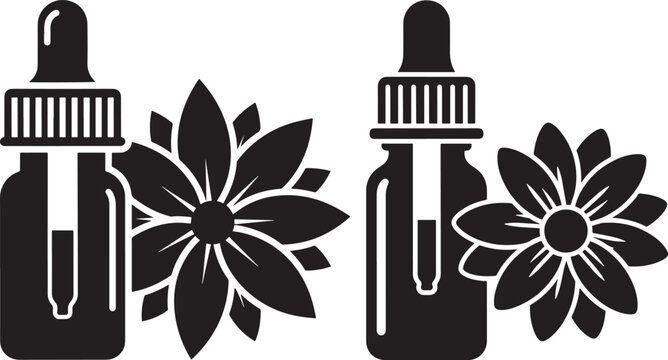 Black silhouette vector illustration of two glass dropper bottles with essential oil and flowers, symbolizing aromatherapy, natural beauty, and wellness.