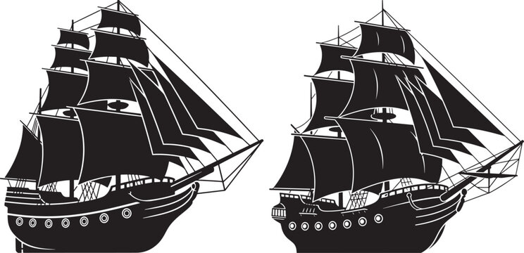 Silhouette vector illustration of two vintage sailing ships with full sails on the sea, evoking adventure, exploration, and maritime history.