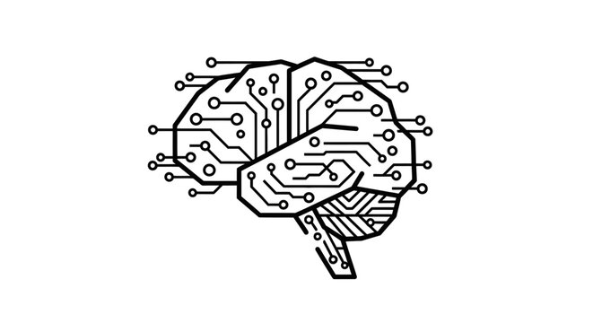 Minimalist outline drawing of a stylized human brain showcasing intricate digital circuit pathways on transparent background