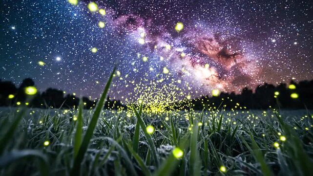 Fireflies glowing in a field under a starry night sky with the Milky Way.