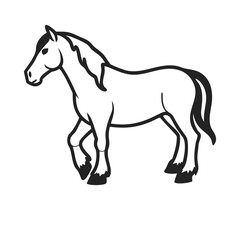 Obraz premium Black and white outline horse walking in side view, vector illustration isolated on white background. Minimal line art stallion icon for logos, stickers, branding and design projects.