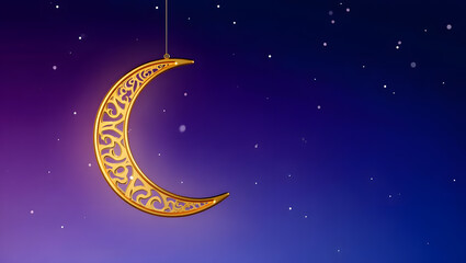Naklejka premium Beautiful Golden Crescent Moon Ornament with Ornate Patterns Hanging Against a Deep Blue and Purple Starry Night Sky, Perfect for Ramadan Kareem, Eid Mubarak, and Islamic Holiday Backgrounds.
