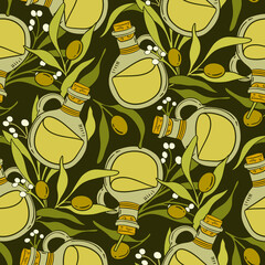 Cotton fabric Hand drawn olive oil bottles and green Mediterranean branches seamless pattern for rustic kitchen decor and culinary textile surfaces