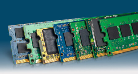 Different types of memory modules including DRAM, DDR, SODIMM, and DIMM arranged in a line...