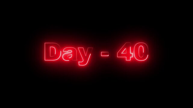 Vibrant red neon text reading Day - 40 on a solid black background, ideal for a 40-day fitness challenge, countdown milestone, or digital tracking progress indicator with a glowing light effect.