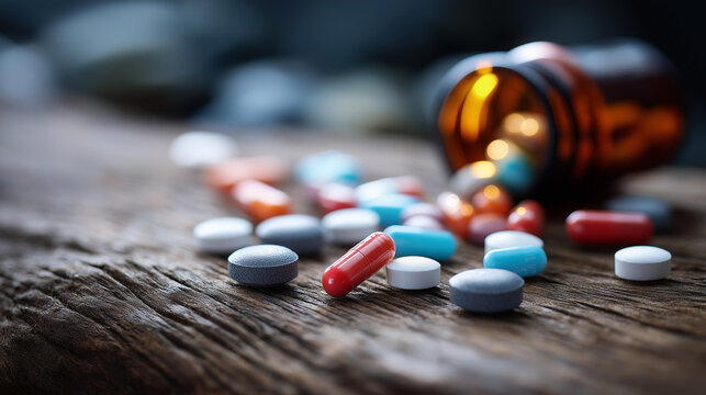 Path to recovery with scattered pills symbolizing overcoming addiction medication management substance abuse recovery sobriety journey addiction treatment pharmaceutical
