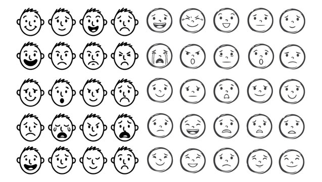 50 Hand-Drawn Cartoon Faces &ndash; Simple Emotions Grid, cartoon faces, hand-drawn faces, emoticons, simple faces, black and white, expressive faces, emotions illustration, happy face, sad face, angry face