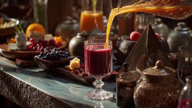 Fresh Juice Being Poured into a Glass on a Table with Healthy Food