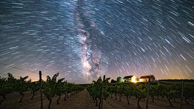 Night sky with star trails over a vineyard and farmhouse.